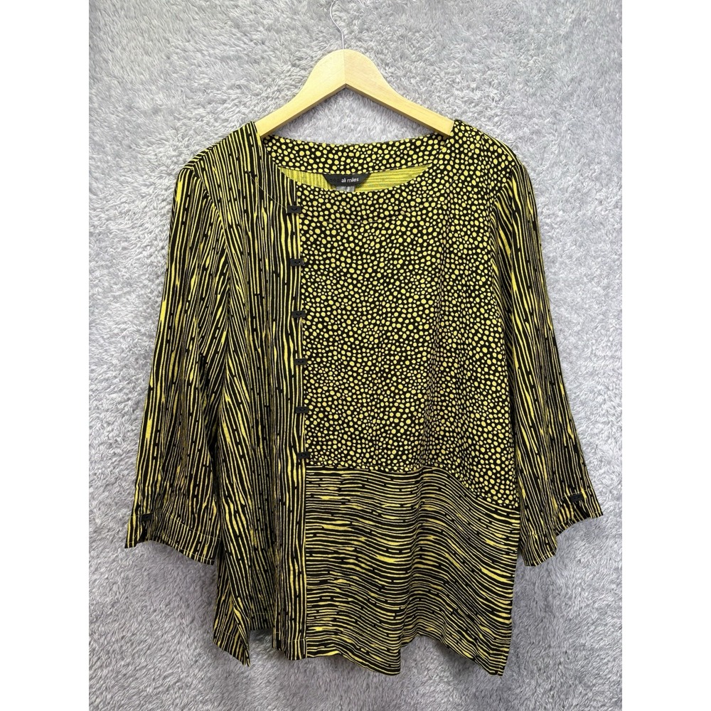 Ali Miles Women L Black Yellow Tunic Top Mixed Print Artsy Button Lagenlook Boho